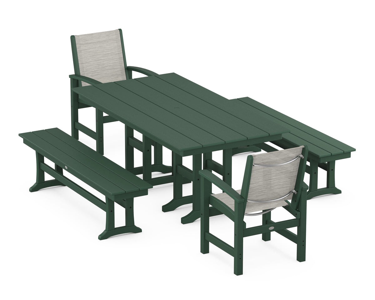 POLYWOOD Coastal 5-Piece Farmhouse Dining Set with Farmhouse 37" x 72" Dining Table in Green / Birch