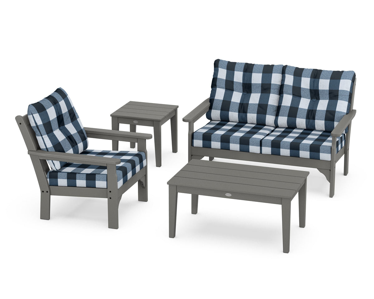 POLYWOOD Vineyard 4-Piece Deep Seating Set with 36" Coffee Table in Slate Grey / Buffalo Plaid Marine Indigo