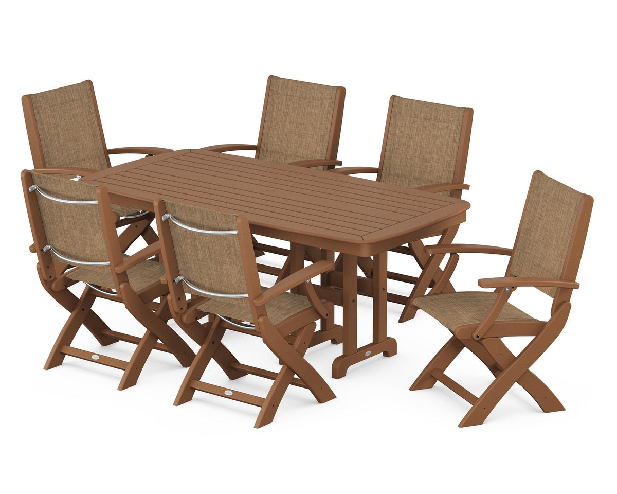 POLYWOOD Coastal Folding Arm Chair 7-Piece Dining Set in Teak / Burlap
