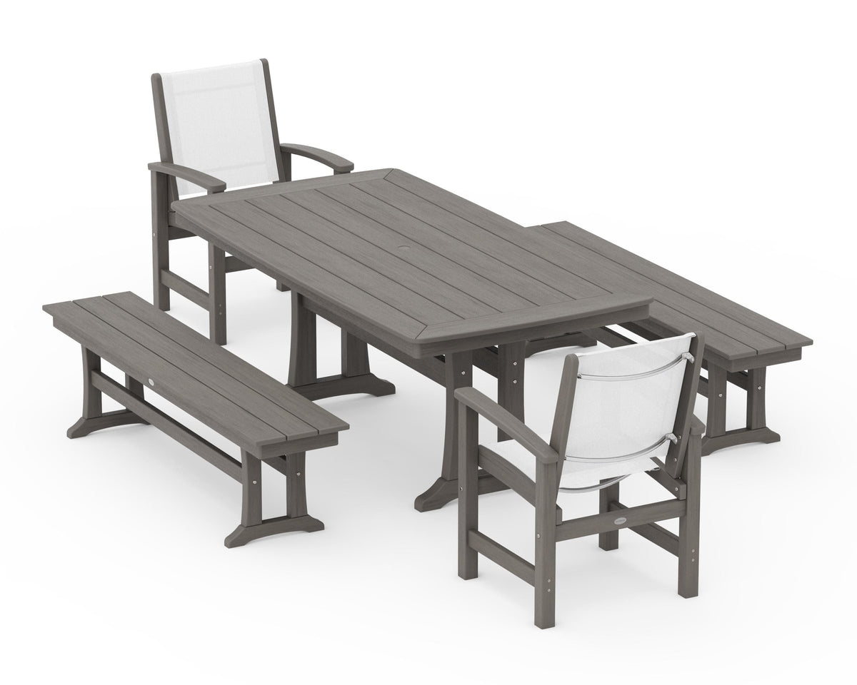 POLYWOOD Coastal 5-Piece Dining Set with Trestle Legs and Benches in Driftwood / White
