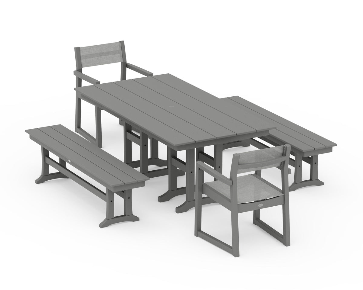 POLYWOOD EDGE Sling Arm Chair 5-Piece Farmhouse Dining Set with Benches in Slate Grey / Metallic