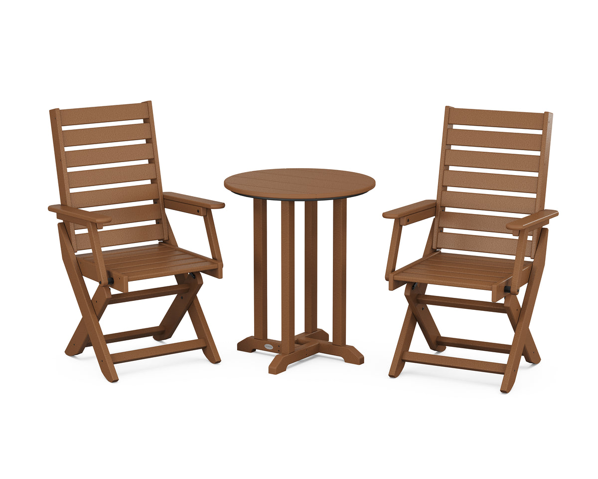 POLYWOOD Captain Folding Chair 3-Piece Round Bistro Dining Set in Teak