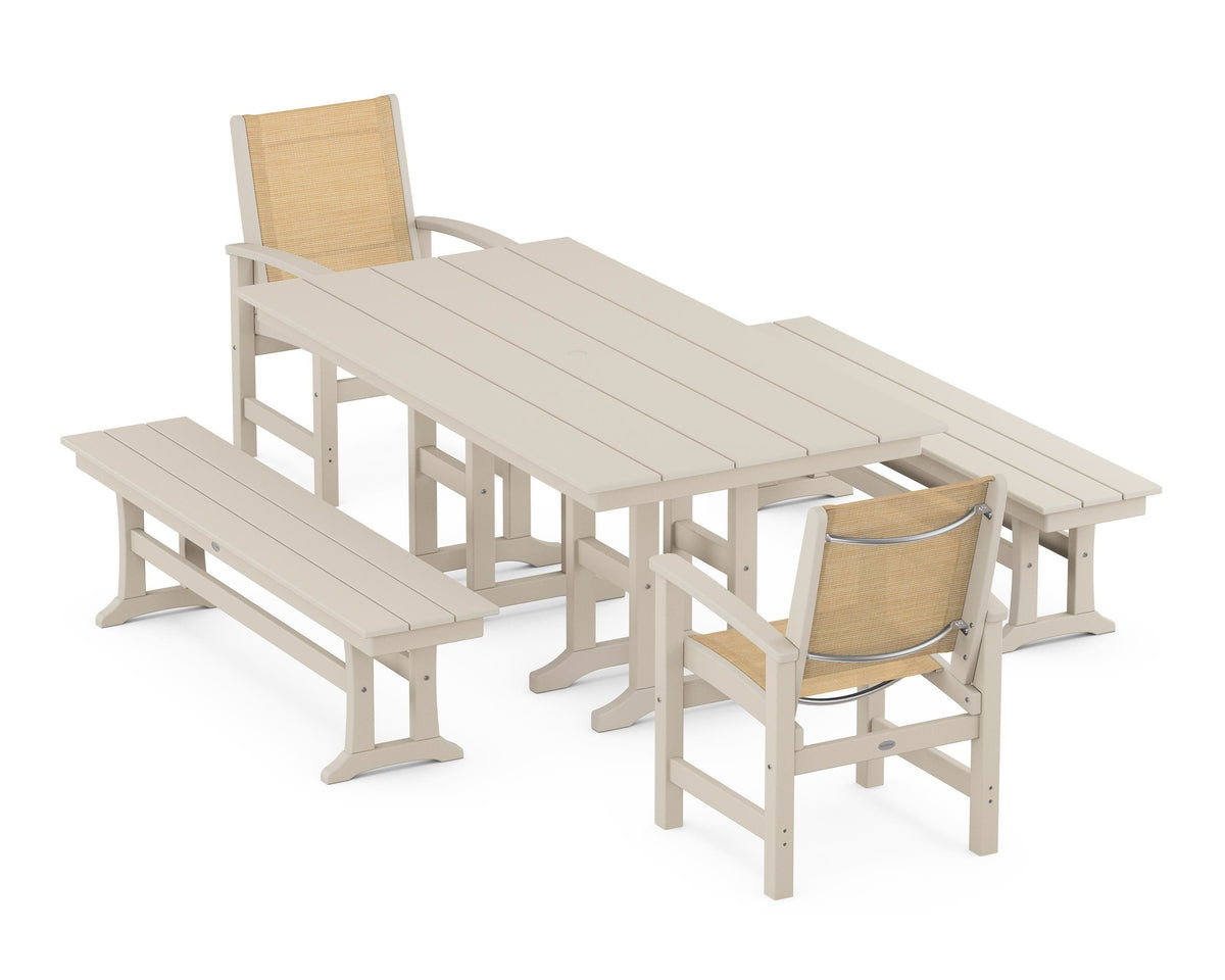 POLYWOOD Coastal 5-Piece Farmhouse Dining Set with Farmhouse 37" x 72" Dining Table in Sand / Dupioni Apricot