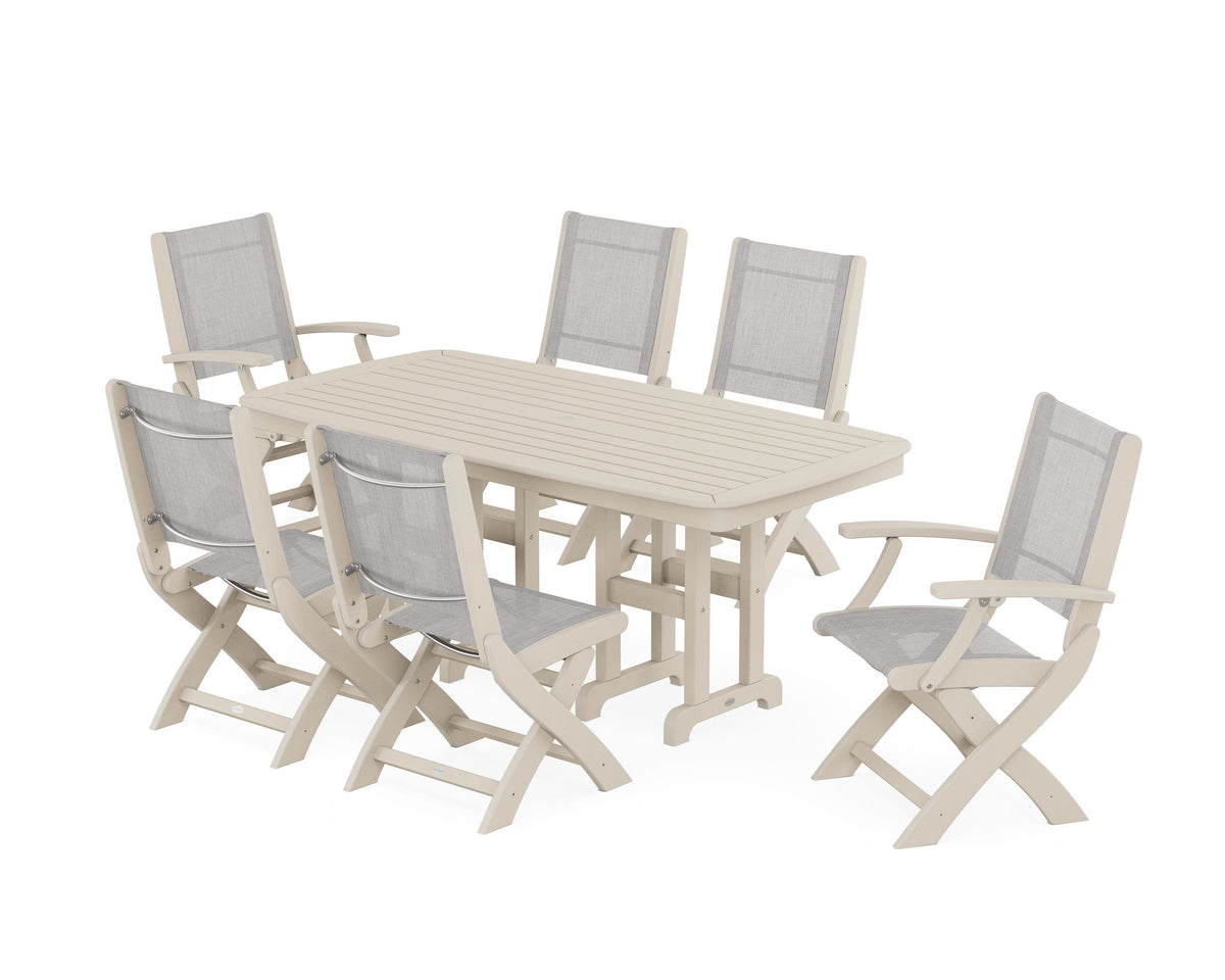 POLYWOOD Coastal Folding Chair 7-Piece Dining Set in Sand / Parchment