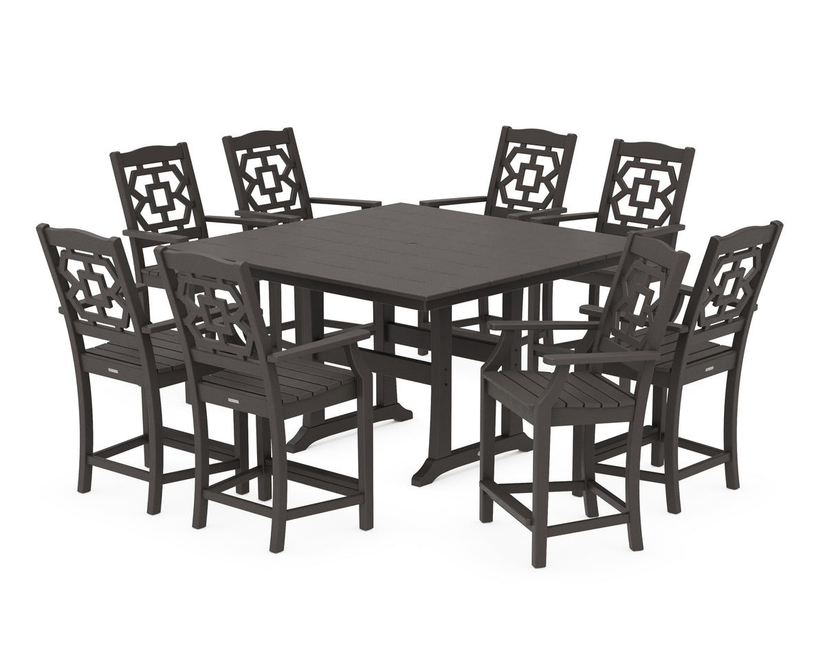 POLYWOOD Chinoiserie 9-Piece Square Farmhouse Counter Set with Trestle Legs in Vintage Coffee