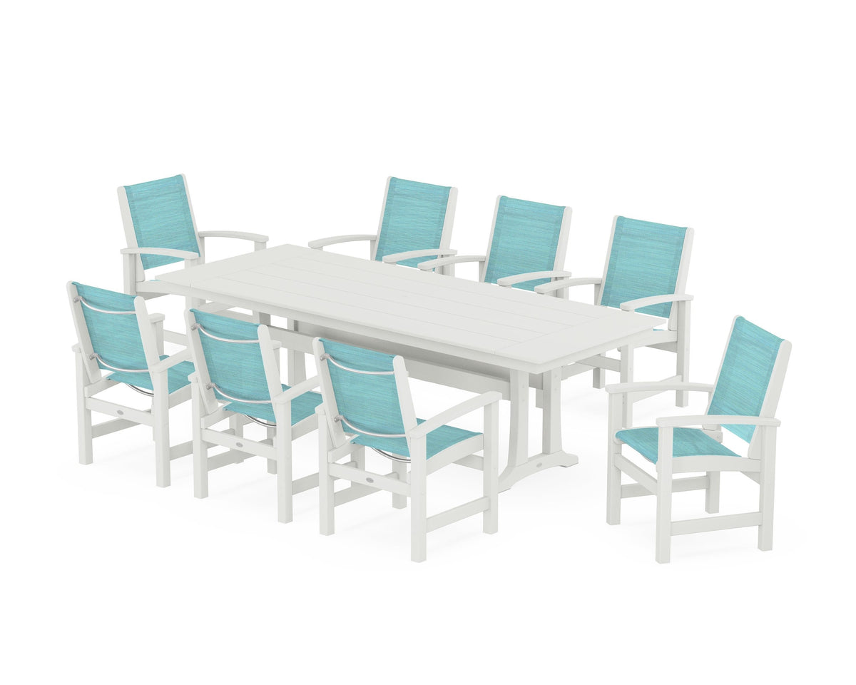 POLYWOOD Coastal 9-Piece Farmhouse Dining Set with Trestle Legs in Vintage White / Dupioni Aquamarine