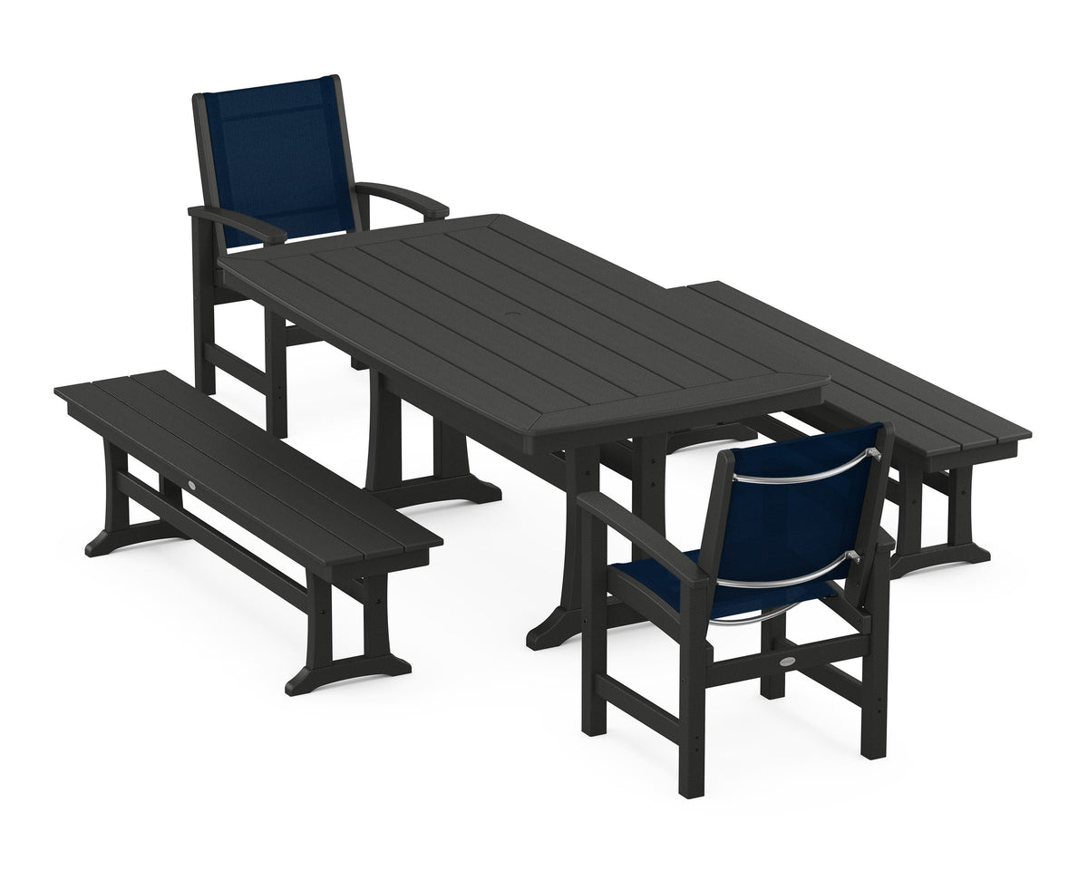 POLYWOOD Coastal 5-Piece Dining Set with Trestle Legs and Benches in Black / Navy Blue