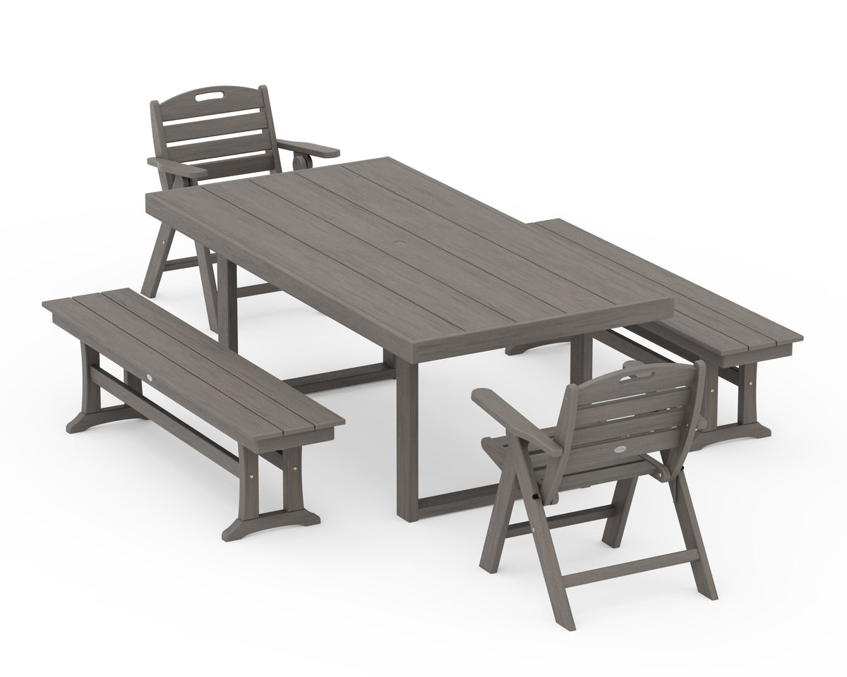 POLYWOOD Nautical Folding Highback 5-Piece Dining Set with Trestle Legs in Driftwood
