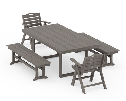 POLYWOOD Nautical Folding Highback 5-Piece Dining Set with Trestle Legs in Driftwood