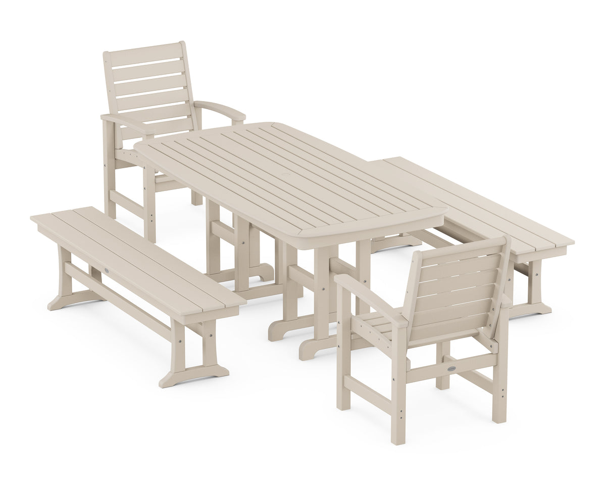 POLYWOOD Signature 5-Piece Dining Set with Benches - 37" x 72" Table in Sand