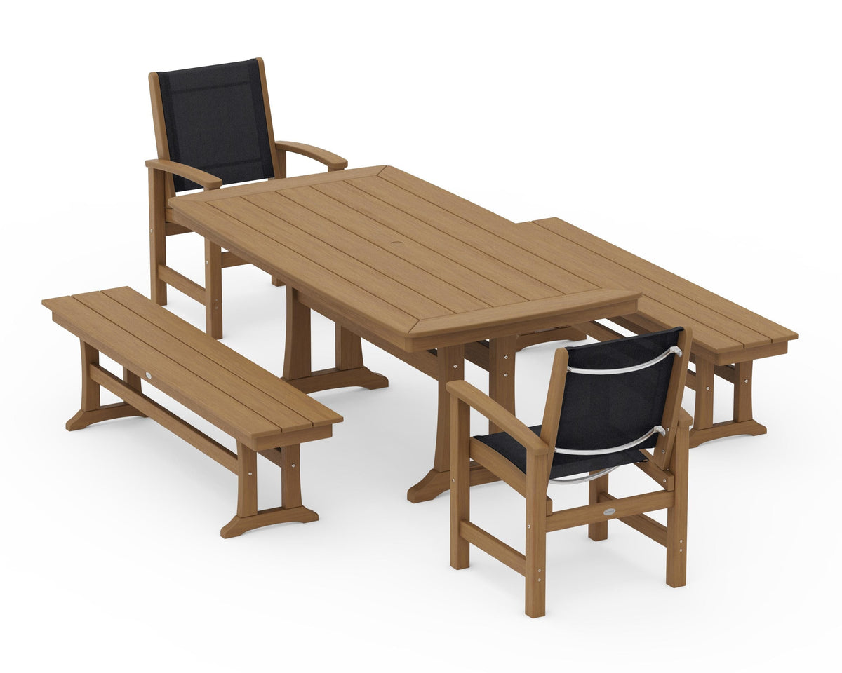 POLYWOOD Coastal 5-Piece Dining Set with Trestle Legs and Benches in Natural / Black