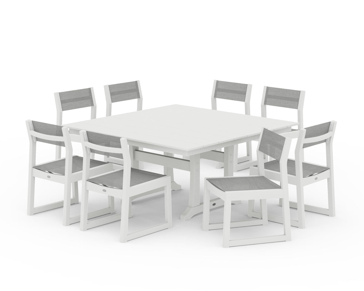 POLYWOOD EDGE Sling Side Chair 9-Piece Farmhouse Trestle Dining Set in Vintage White / Metallic