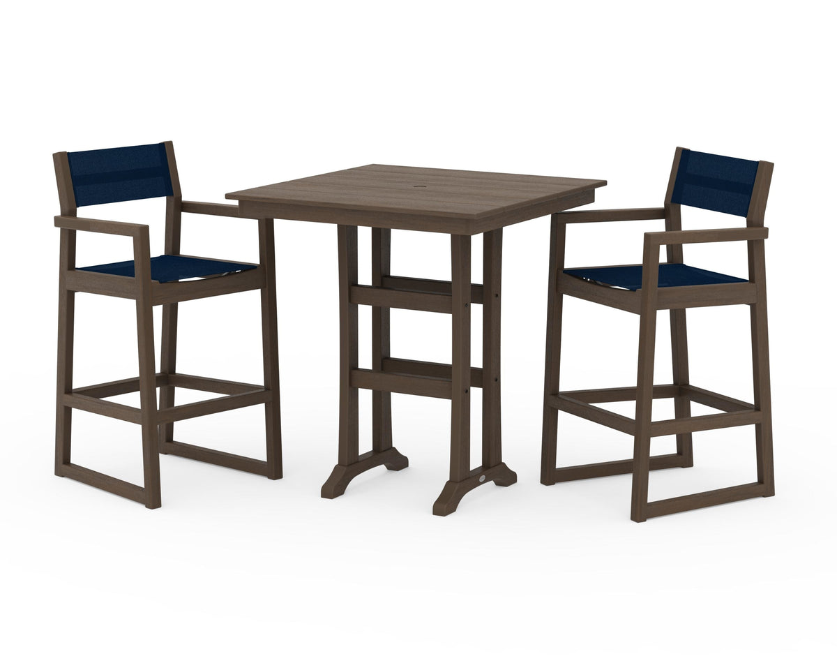 POLYWOOD EDGE Sling Arm Chair 3-Piece Farmhouse Bar Set with Trestle Legs in Kona / Navy Blue