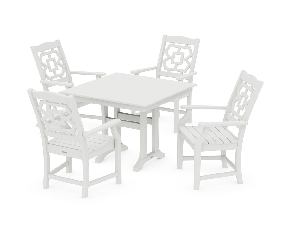POLYWOOD Chinoiserie 5-Piece Farmhouse Dining Set with Trestle Legs in Vintage White