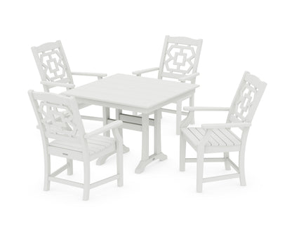 POLYWOOD Chinoiserie 5-Piece Farmhouse Dining Set with Trestle Legs in Vintage White