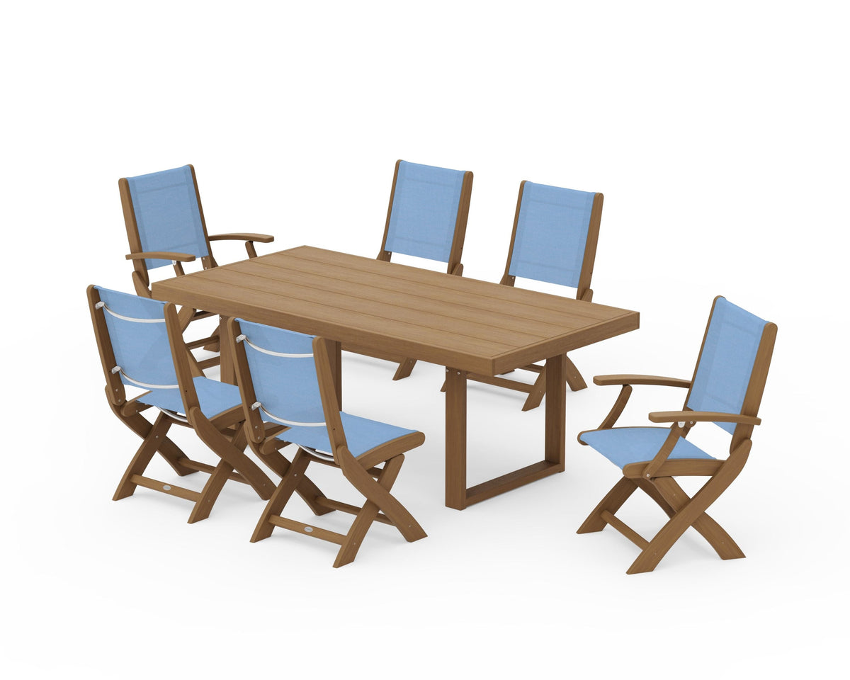 POLYWOOD Coastal Folding Chair 7-Piece Dining Set with Trestle Legs with EDGE 40" x 78" Dining Table in Natural / Poolside