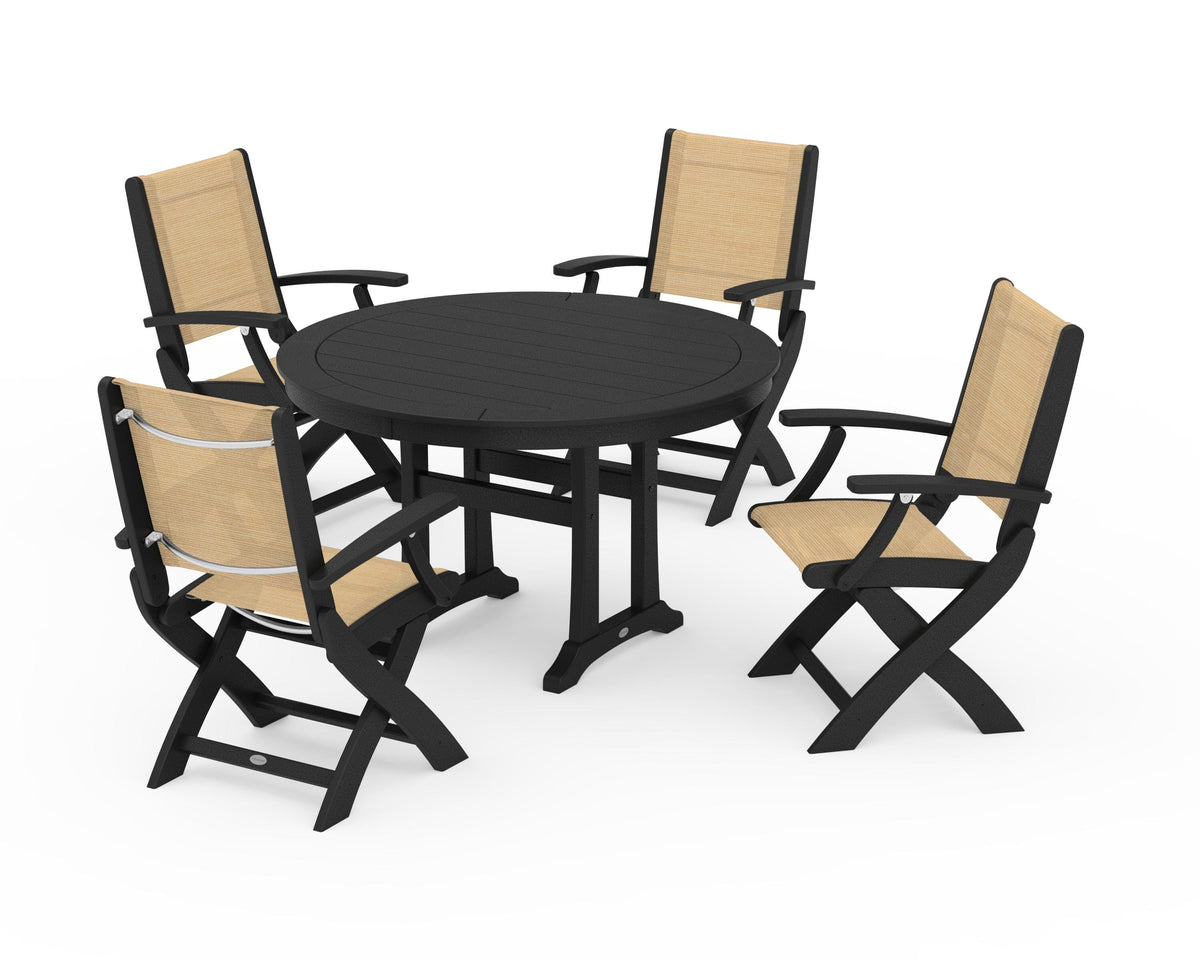 POLYWOOD Coastal Folding Chair 5-Piece Round Dining Set with Trestle Legs in Black / Dupioni Apricot