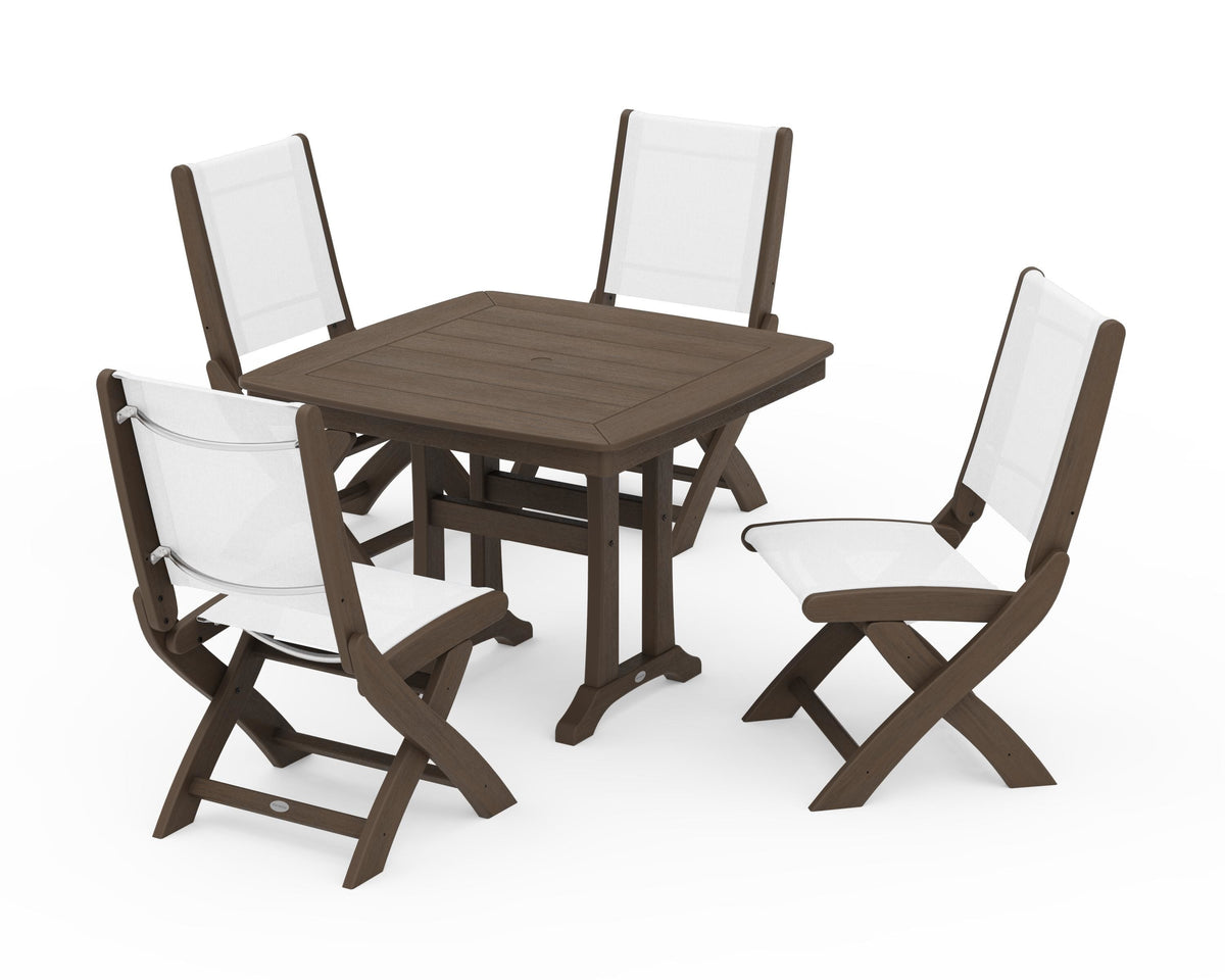 POLYWOOD Coastal Folding Side Chair 5-Piece Dining Set with Trestle Legs in Kona / White