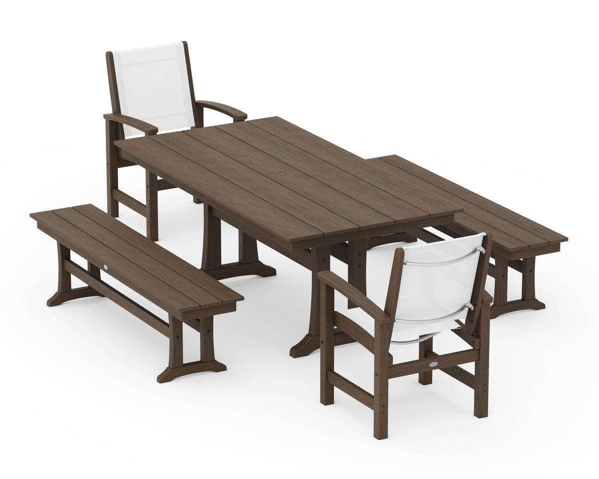 POLYWOOD Coastal 5-Piece Farmhouse Dining Set with Trestle Legs and Benches in Kona / White