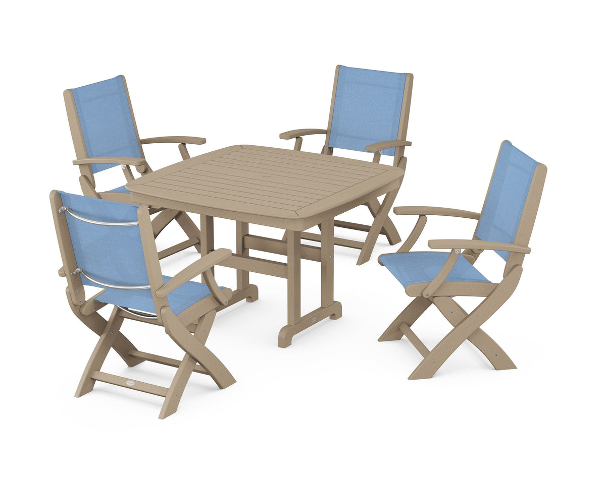 POLYWOOD Coastal Folding Chair 5-Piece Dining Set with Nautical 44" Dining Table in Vintage Sahara / Poolside