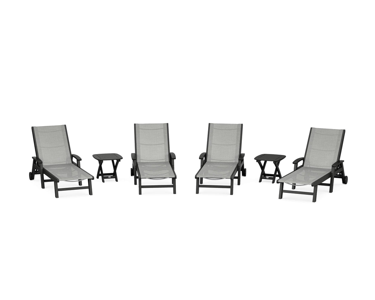 POLYWOOD Coastal Chaise 6-Piece Set with Wheels in Black / Metallic
