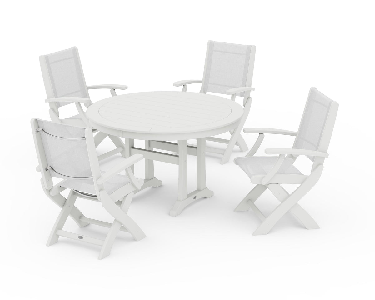 POLYWOOD Coastal Folding Chair 5-Piece Round Dining Set with Trestle Legs in Vintage White / White