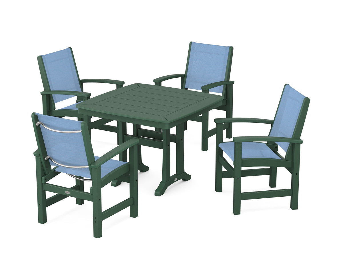 POLYWOOD Coastal 5-Piece Dining Set with Trestle Legs with Nautical Trestle 37" Dining Table in Green / Poolside