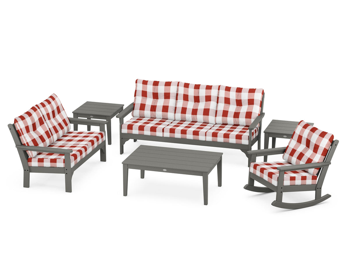POLYWOOD Vineyard 6-Piece Deep Seating Set with Rocking Chair in Slate Grey / Buffalo Plaid Crimson