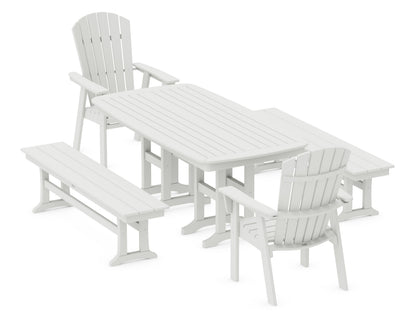 POLYWOOD Nautical Curveback Adirondack 5-Piece Dining Set with Benches - 37" x 72" Table in Vintage White