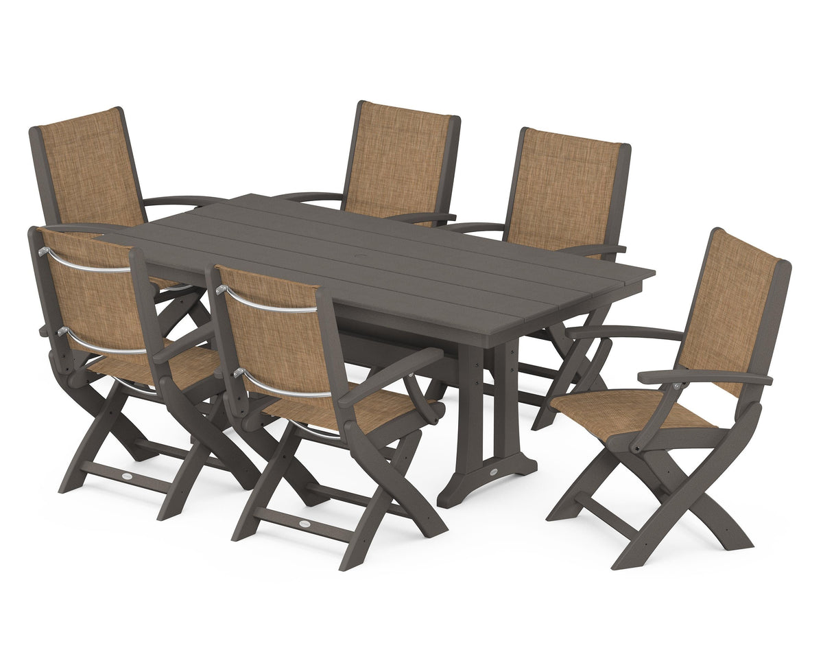 POLYWOOD Coastal Folding Arm Chair 7-Piece Farmhouse Dining Set with Trestle Legs in Vintage Coffee / Burlap
