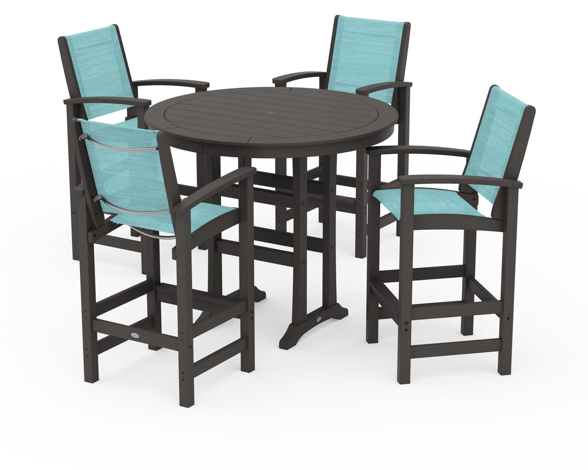 POLYWOOD Coastal 5-Piece Nautical Trestle Bar Set in Vintage Coffee / Dupioni Aquamarine