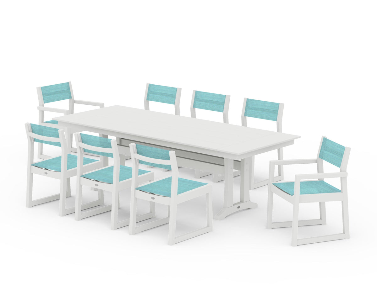 POLYWOOD EDGE Sling 9-Piece Farmhouse Trestle Dining Set in Vintage White / Dupioni Aquamarine
