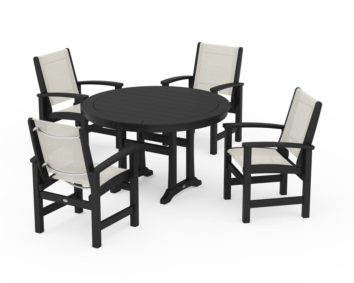 POLYWOOD Coastal 5-Piece Round Dining Set with Trestle Legs in Black / Parchment