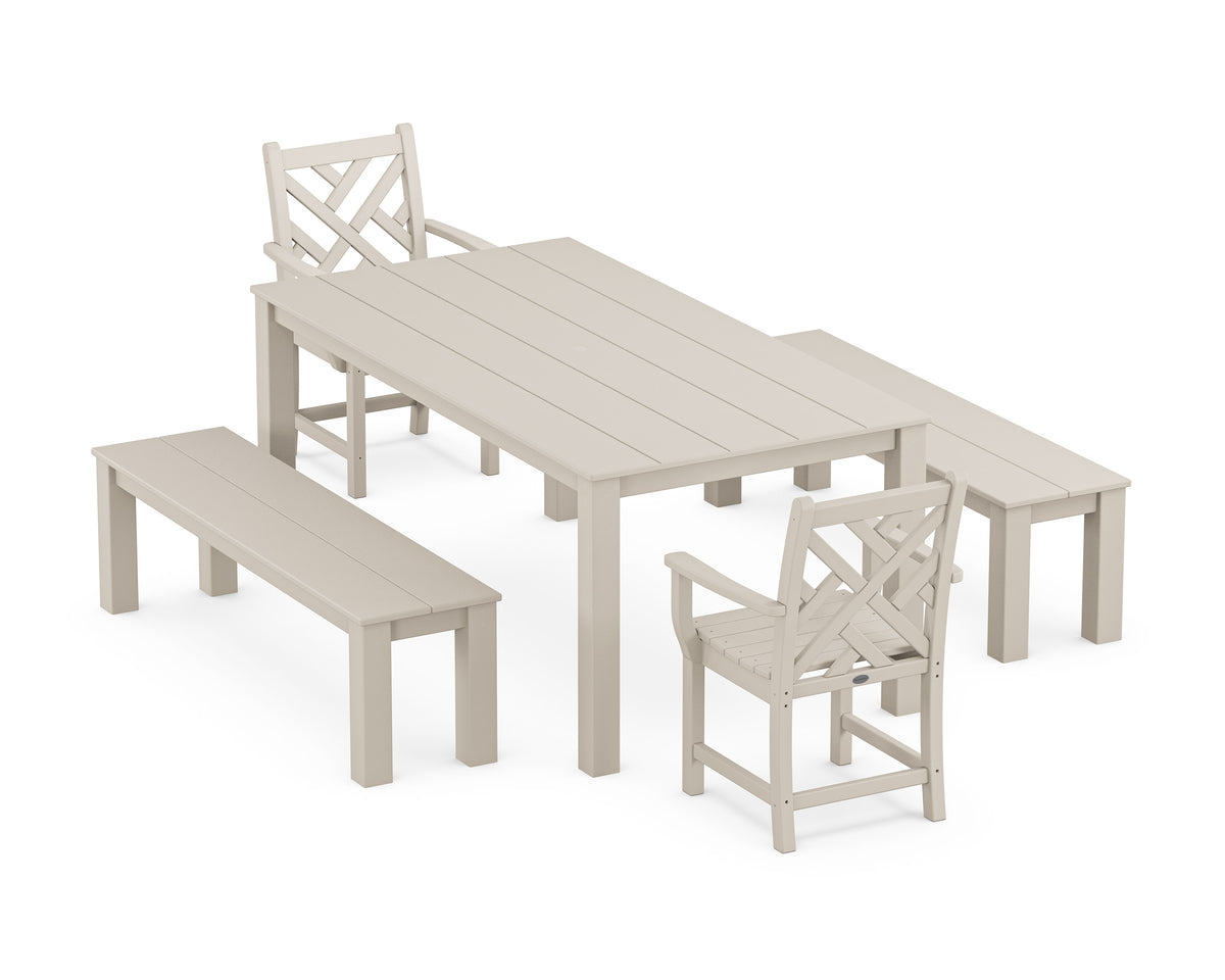 POLYWOOD Chippendale 5-Piece Parsons Dining Set with Benches in Sand