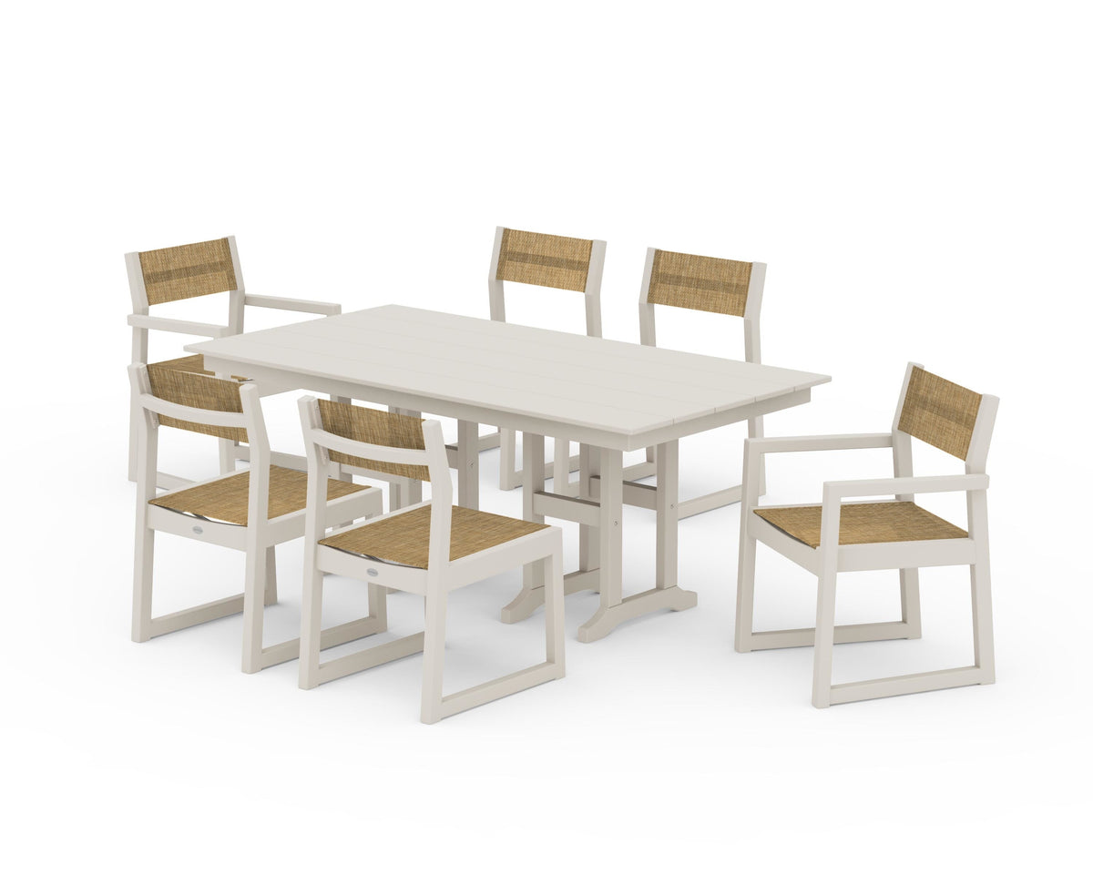 POLYWOOD EDGE Sling 7-Piece Farmhouse Dining Set in Sand / Burlap