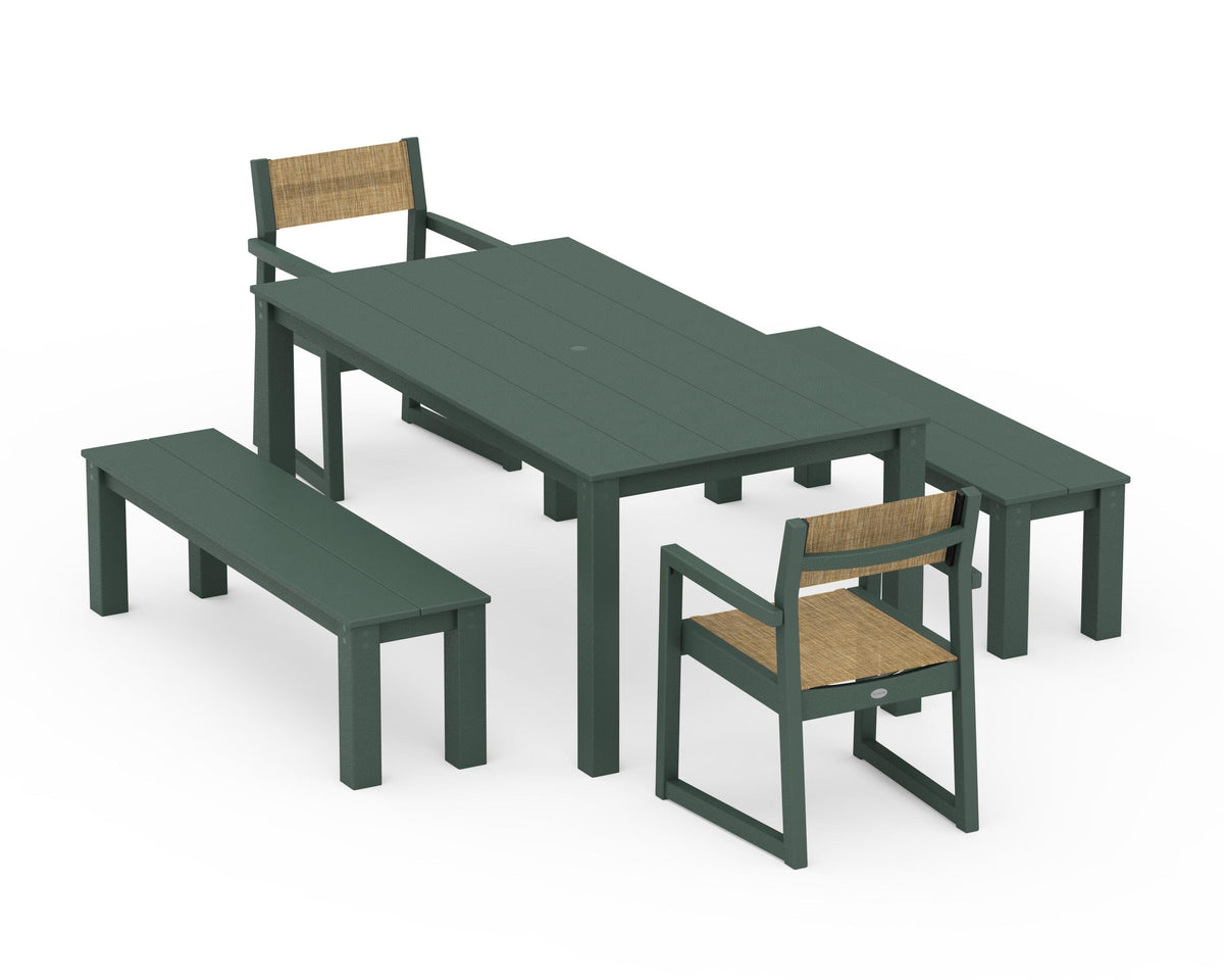 POLYWOOD EDGE Sling Arm Chair 5-Piece Parsons Dining Set with Benches in Green / Burlap