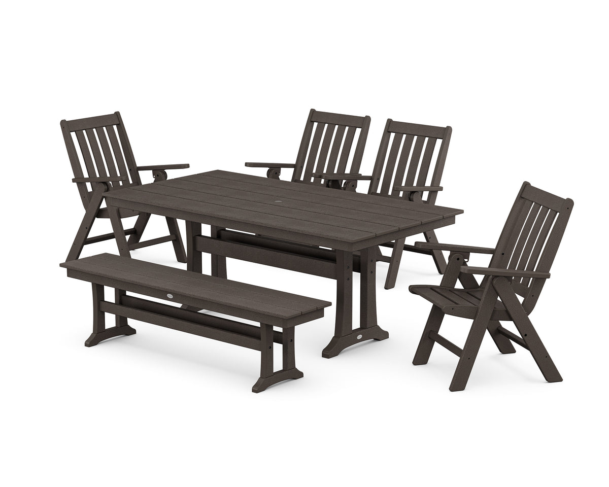 POLYWOOD Vineyard 6-Piece Folding Chair Farmhouse Dining Set with Trestle Legs and Bench in Vintage Coffee