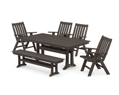 POLYWOOD Vineyard 6-Piece Folding Chair Farmhouse Dining Set with Trestle Legs and Bench in Vintage Coffee