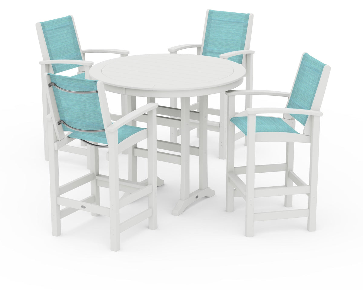 POLYWOOD Coastal 5-Piece Nautical Trestle Bar Set in Vintage White / Dupioni Aquamarine