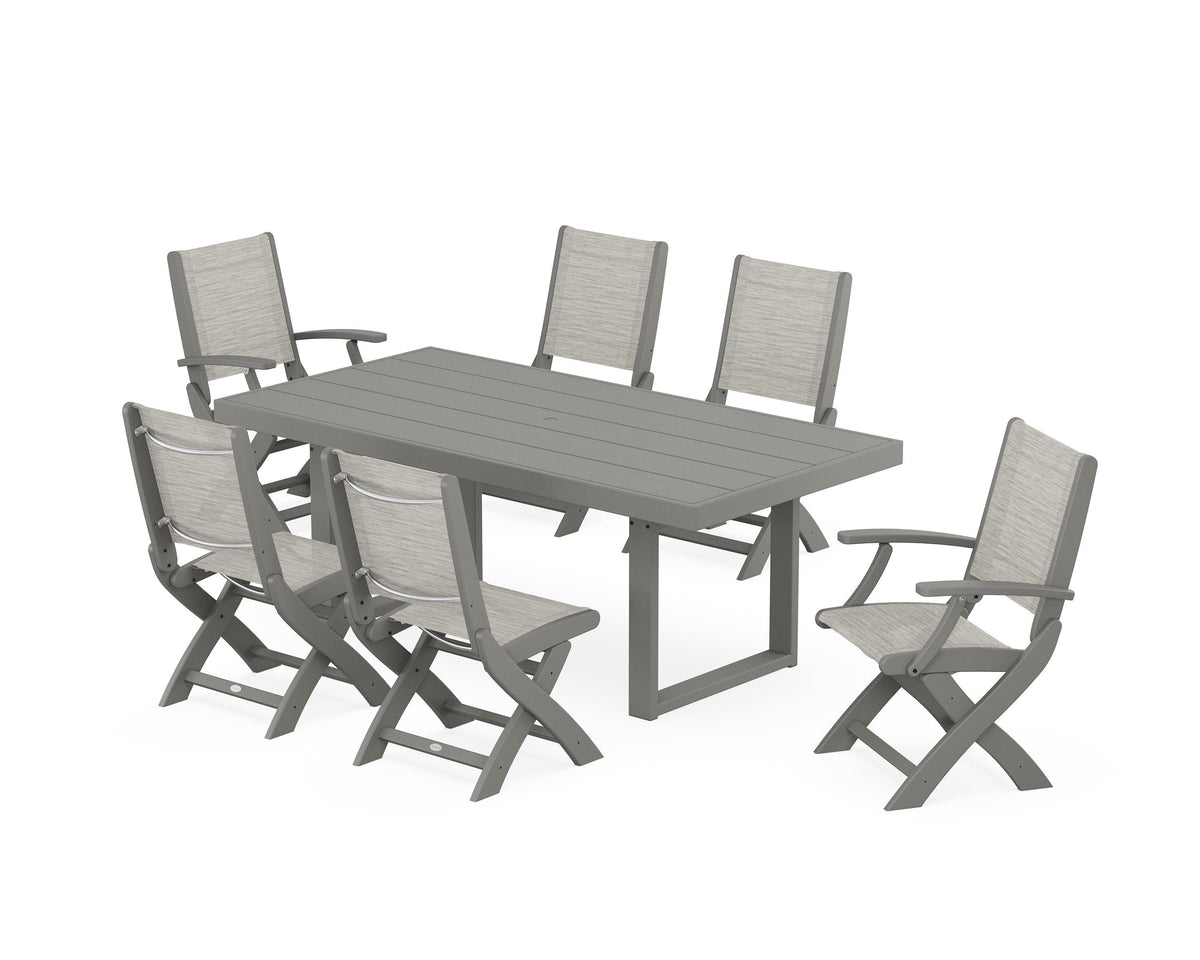 POLYWOOD Coastal Folding Chair 7-Piece Dining Set with Trestle Legs with EDGE 40" x 78" Dining Table in Slate Grey / Birch