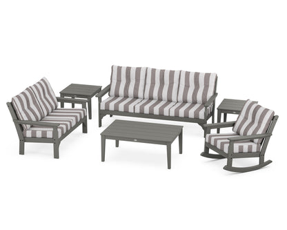 POLYWOOD Vineyard 6-Piece Deep Seating Set with Rocking Chair in Slate Grey / Cabana Stripe Grey Mist