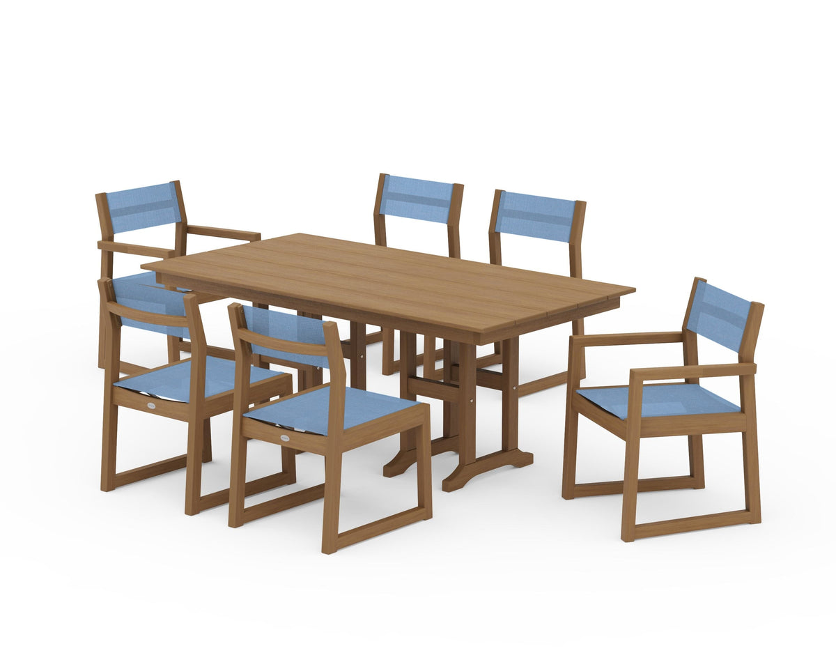POLYWOOD EDGE Sling 7-Piece Farmhouse Dining Set in Natural / Poolside