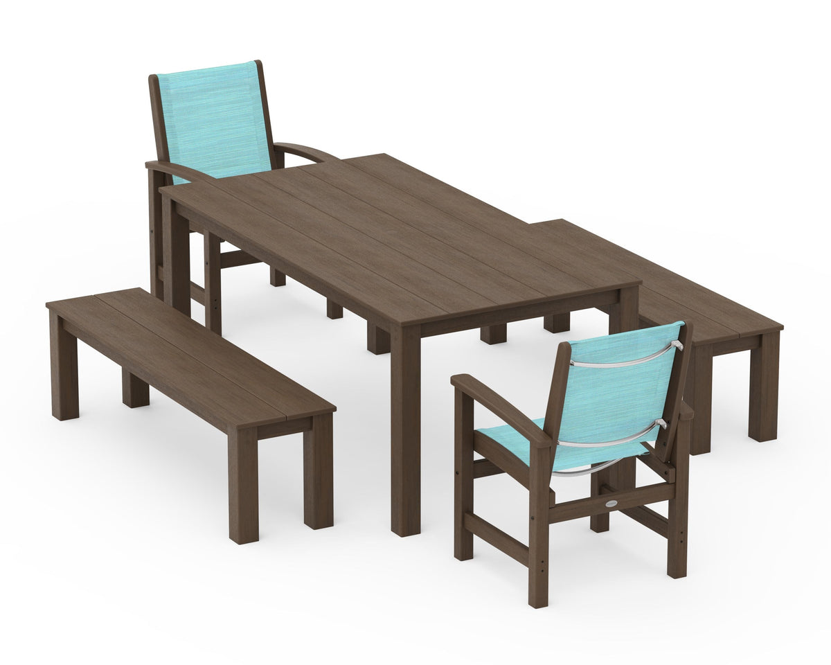 POLYWOOD Coastal 5-Piece Parsons Dining Set with Benches in Kona / Dupioni Aquamarine