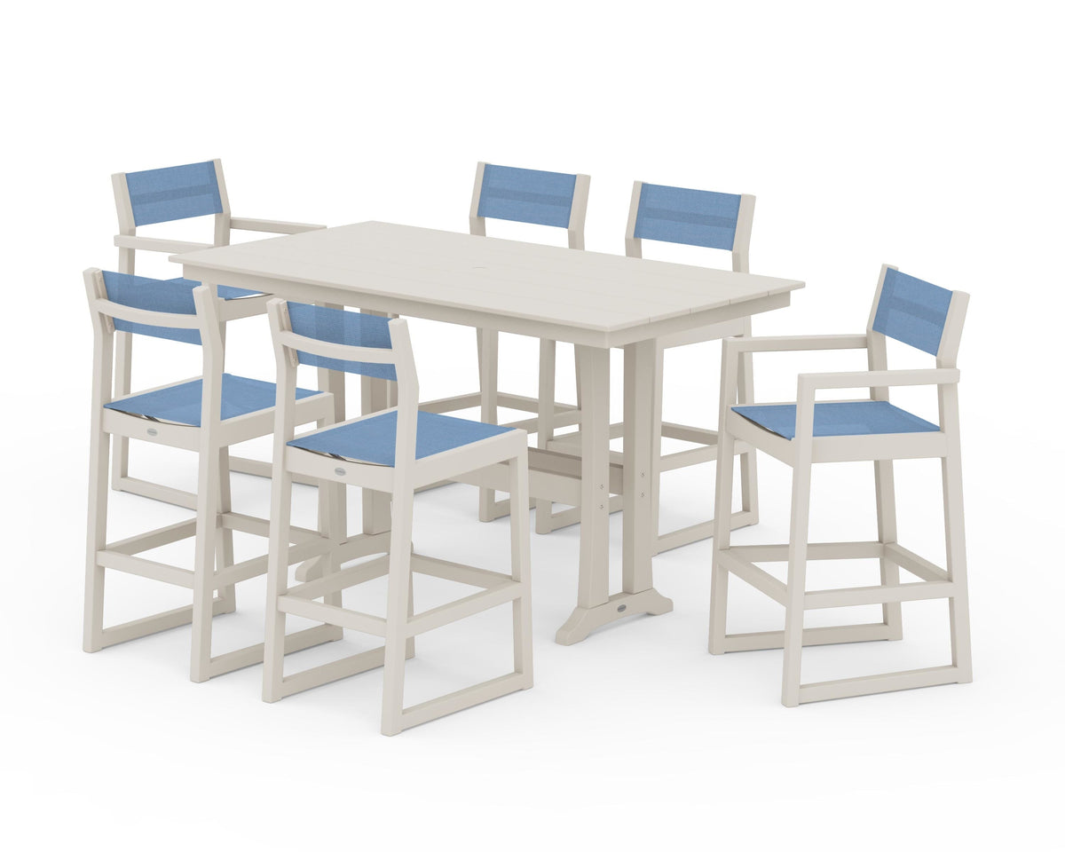 POLYWOOD EDGE Sling 7-Piece Farmhouse Bar Set with Trestle Legs in Sand / Poolside