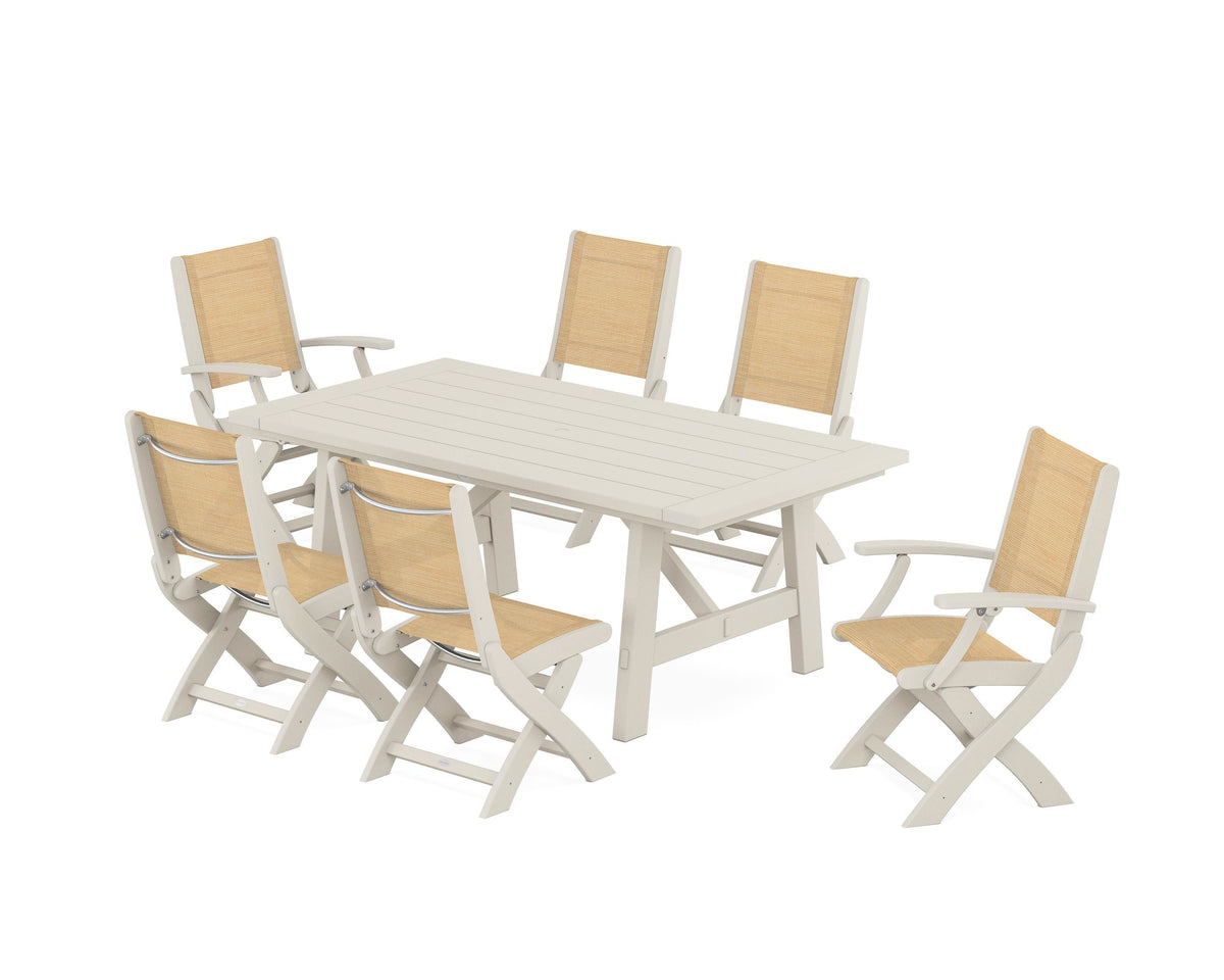 POLYWOOD Coastal Folding Chair 7-Piece Rustic Farmhouse Dining Set in Sand / Dupioni Apricot