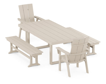 POLYWOOD Modern Curveback Adirondack 5-Piece Dining Set with Benches - 39" x 78" Table in Sand