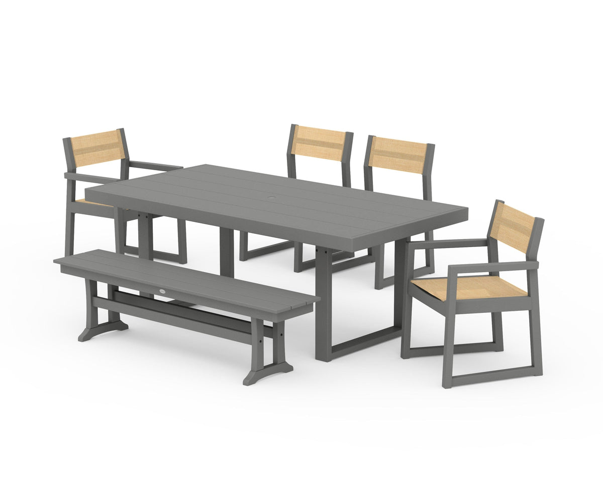 POLYWOOD EDGE Sling 6-Piece Dining Set with Bench in Slate Grey / Dupioni Apricot