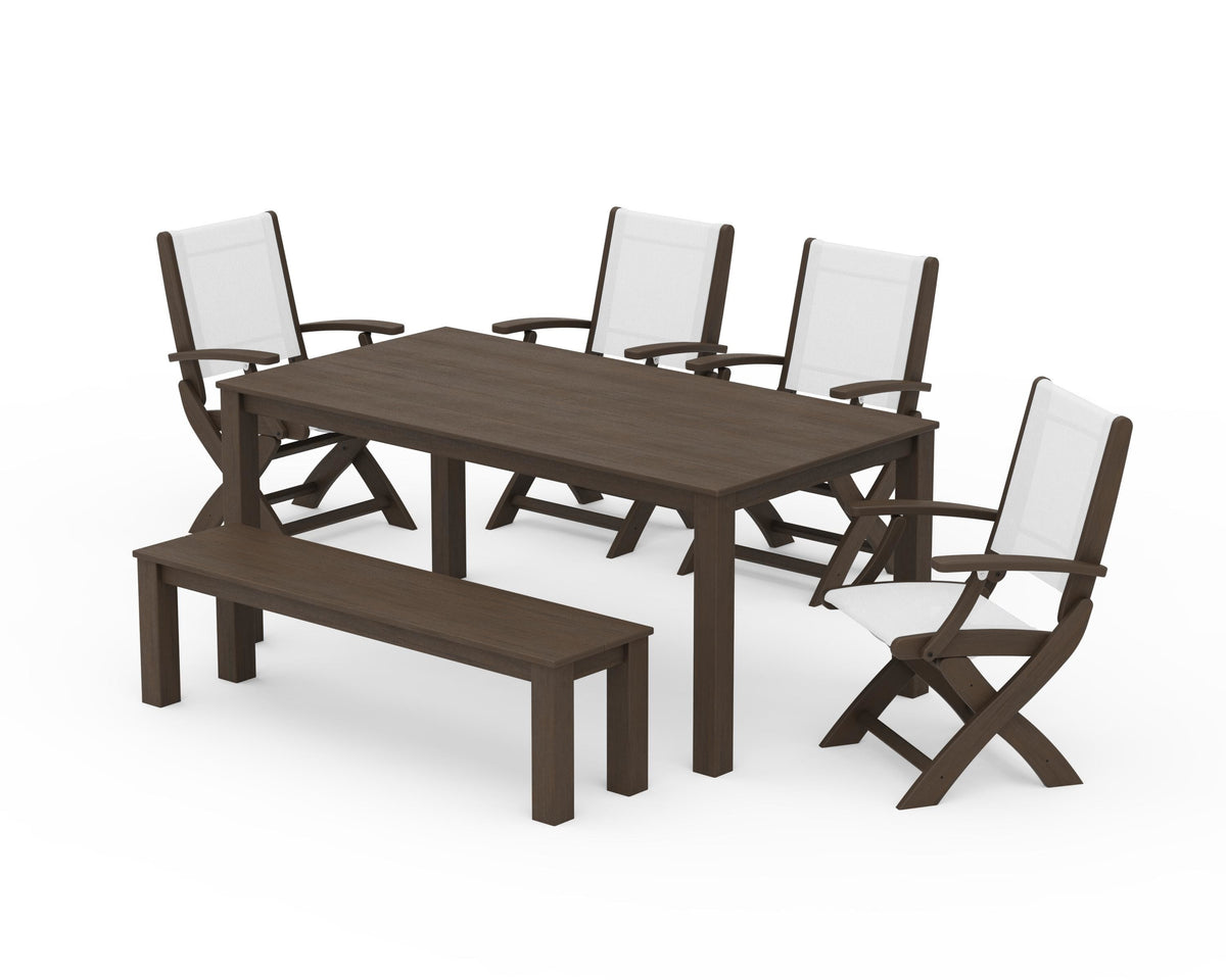 POLYWOOD Coastal Folding Chair 6-Piece Parsons Dining Set with Bench in Kona / White