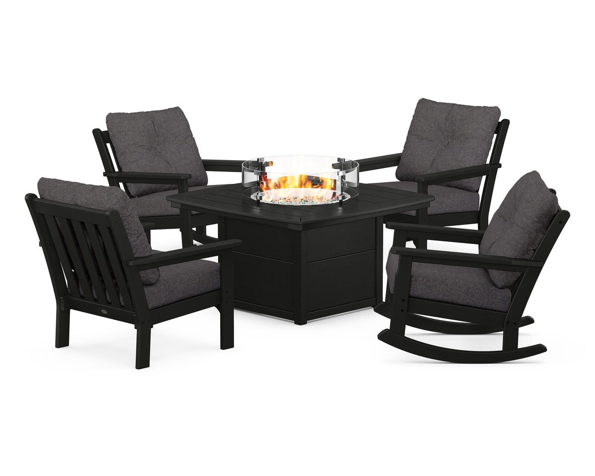 POLYWOOD Vineyard 5-Piece Deep Seating Rocking Chair Conversation Set with Fire Pit Table in Black / Ash Charcoal
