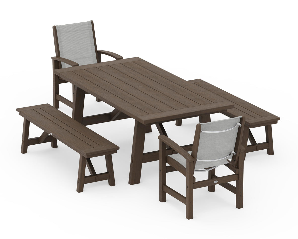 POLYWOOD Coastal 5-Piece Rustic Farmhouse Dining Set With Benches in Kona / Metallic